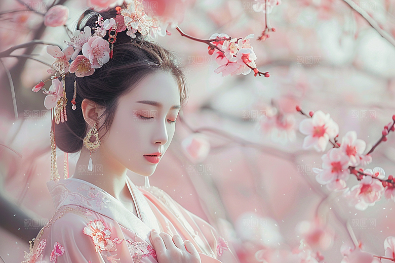 花卉汉服人物中国风园林摄影图