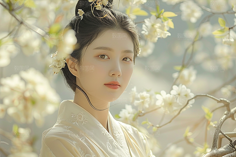 花卉汉服人物花丛浪漫摄影图