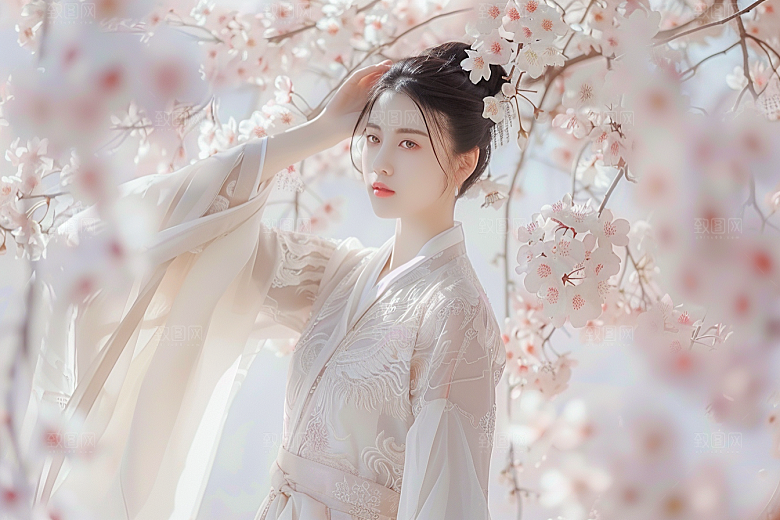 花卉汉服人物中式园林摄影图