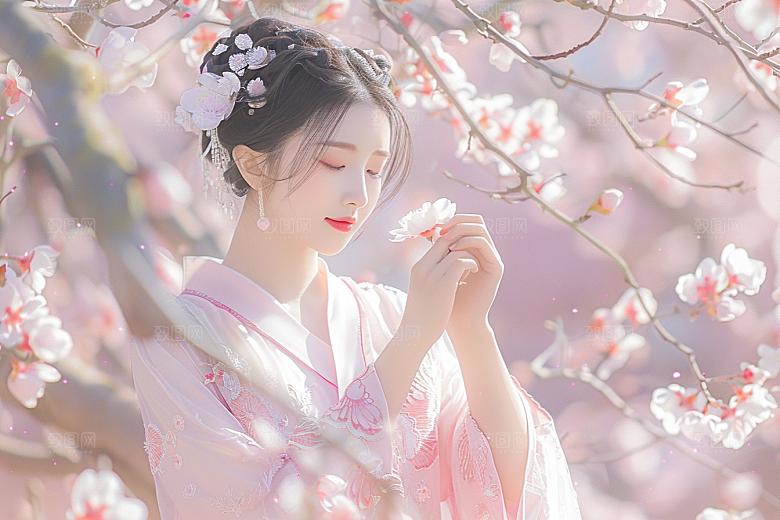 花卉汉服人物美女美景摄影图