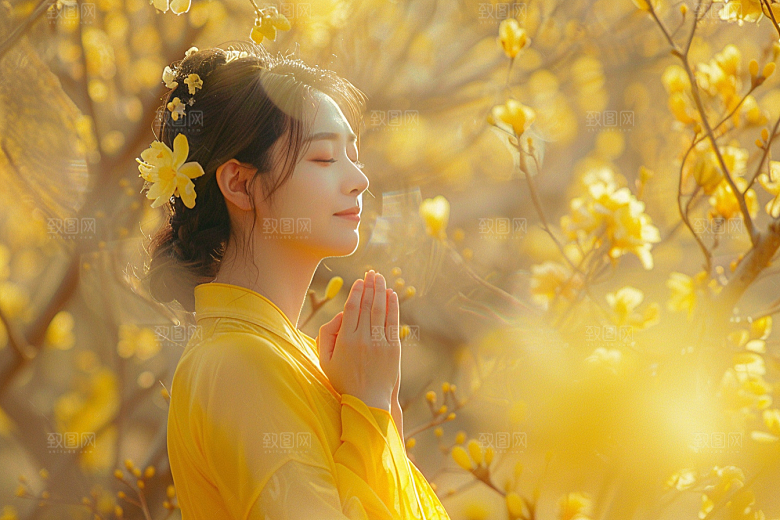 花卉汉服人物花丛园林摄影图