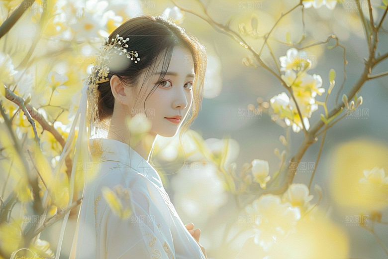 花卉汉服人物园林美景摄影图