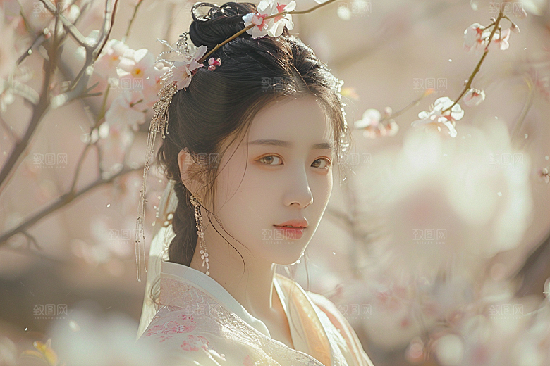 花卉汉服人物唯美花丛摄影图