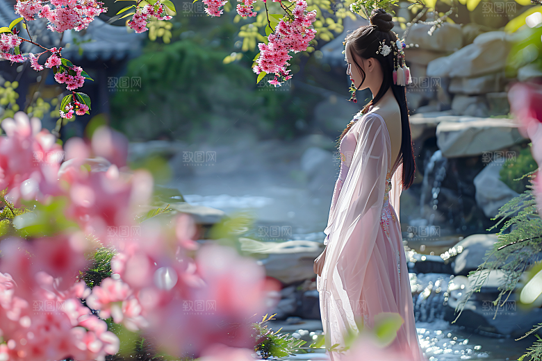 花卉汉服人物浪漫写真摄影图