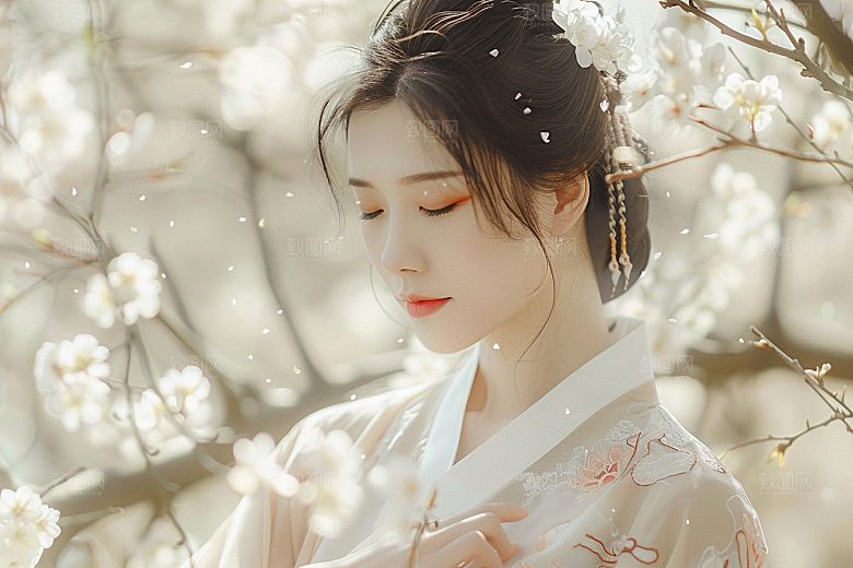 花卉汉服人物花丛人像摄影图