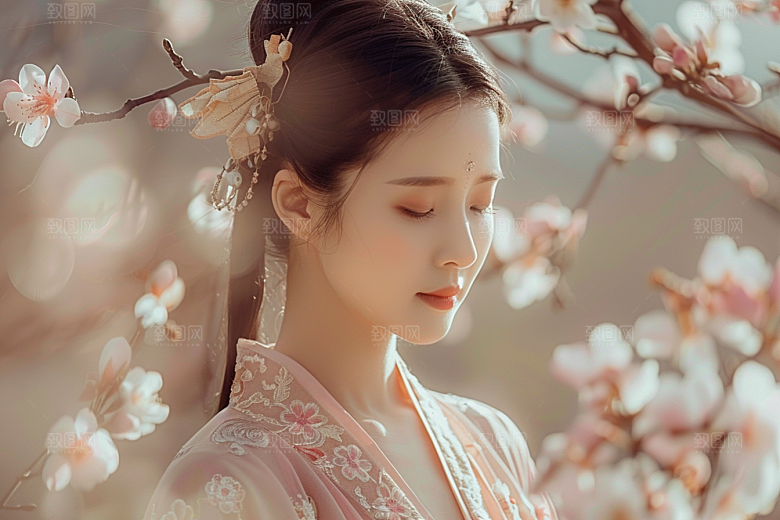 花卉汉服人物园林高清摄影图