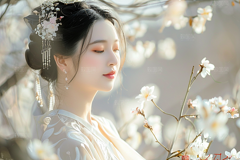 花卉汉服人物园林高清摄影图