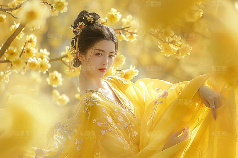 花卉汉服人物美女中式摄影图