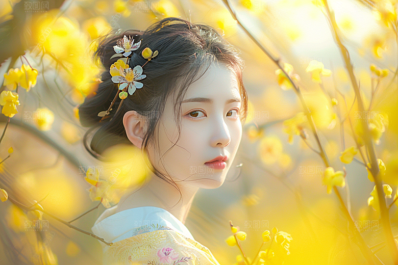 花卉汉服人物浪漫人像摄影图