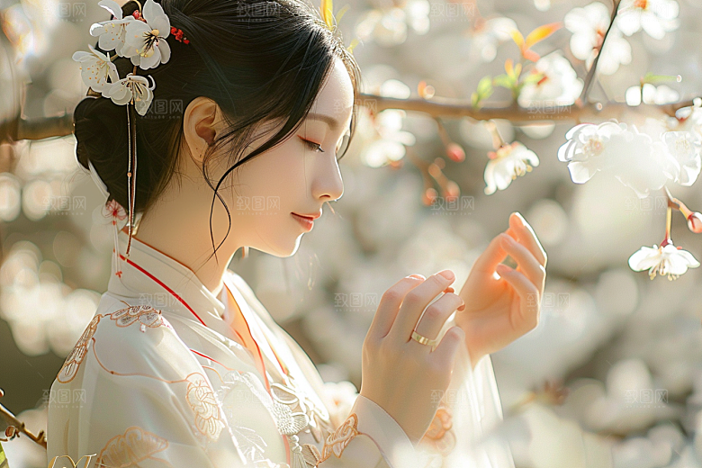 花卉汉服人物园林花丛摄影图