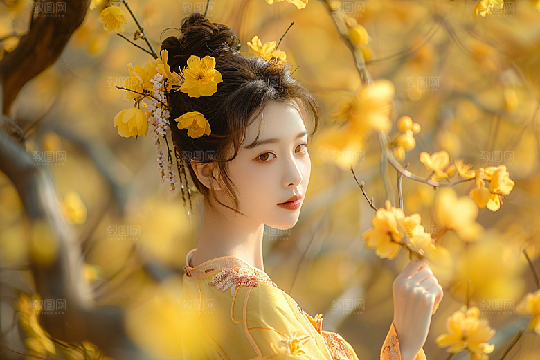 花卉汉服人物中国风园林摄影图