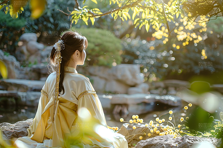 花卉汉服人物花丛唯美摄影图