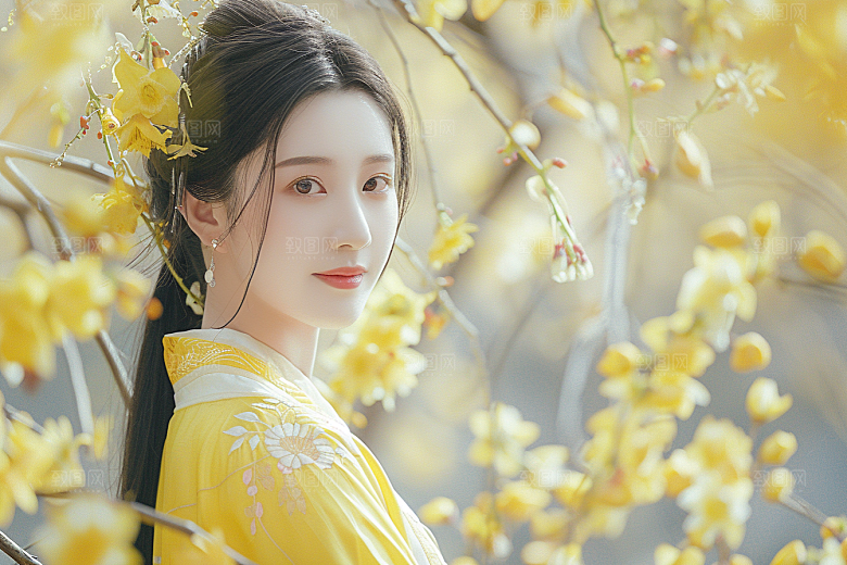 花卉汉服人物花丛美景摄影图