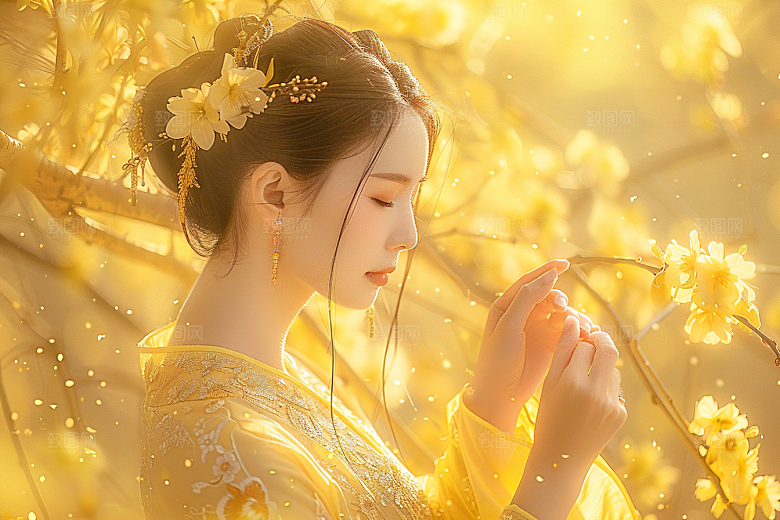 花卉汉服人物高清园林摄影图