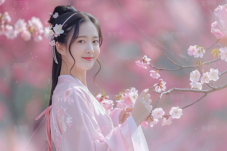 花卉汉服人物园林高清摄影图