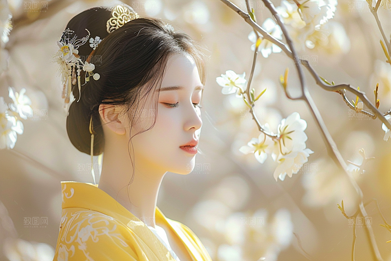 花卉汉服人物花丛唯美摄影图