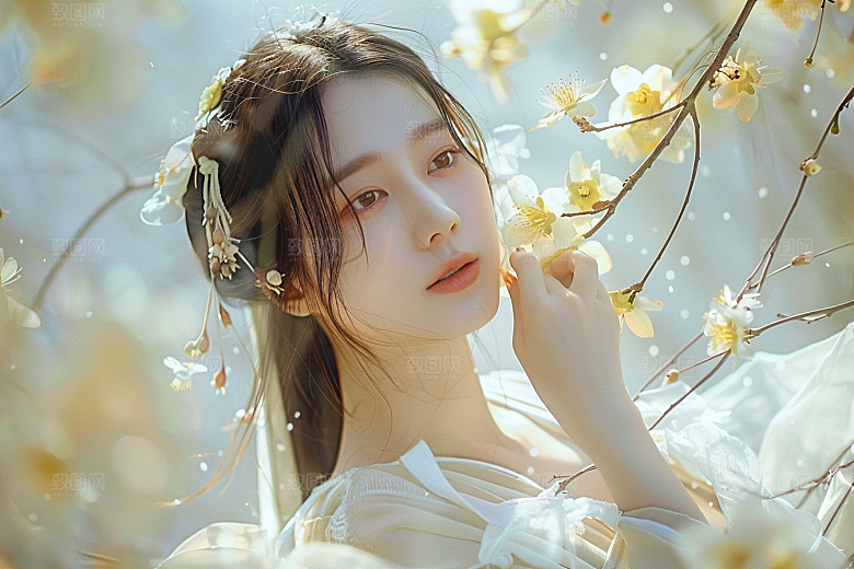 花卉汉服人物美女园林摄影图
