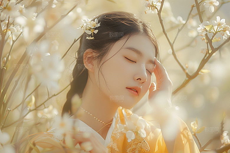 花卉汉服人物浪漫园林摄影图