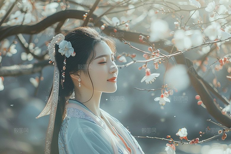 花卉汉服人物人像园林摄影图