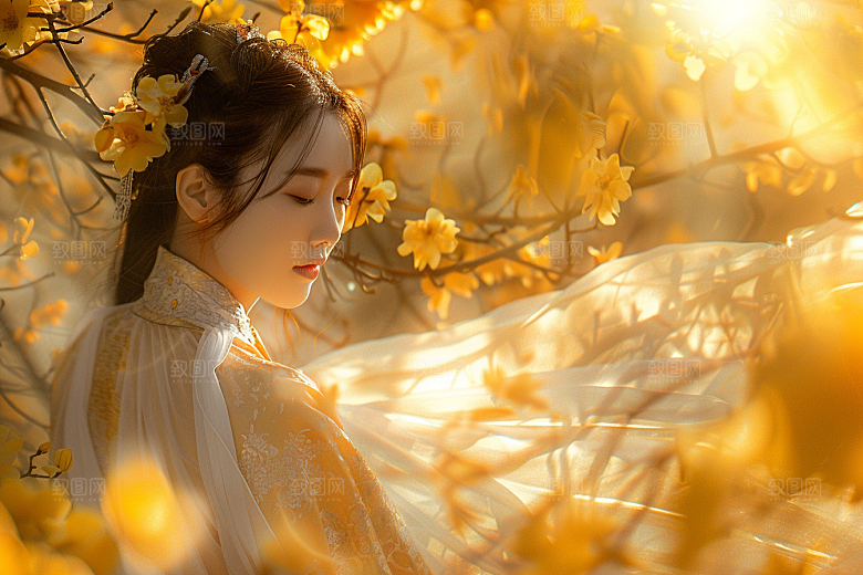 花卉汉服人物花丛写真摄影图