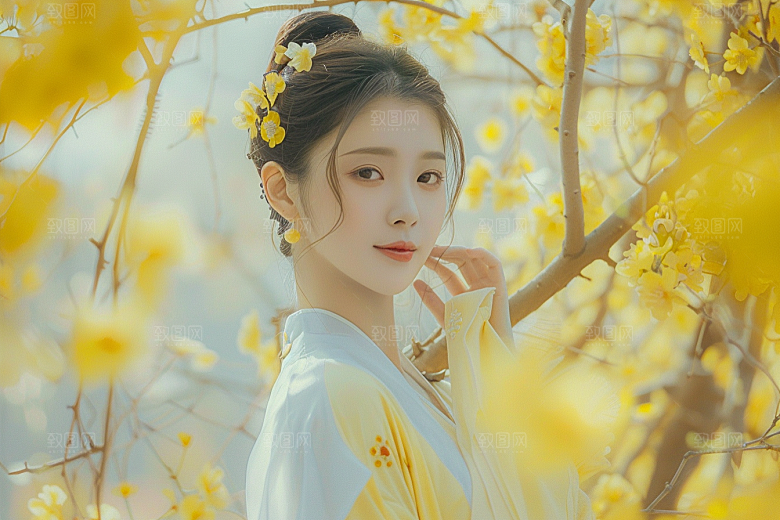 花卉汉服人物人像花丛摄影图