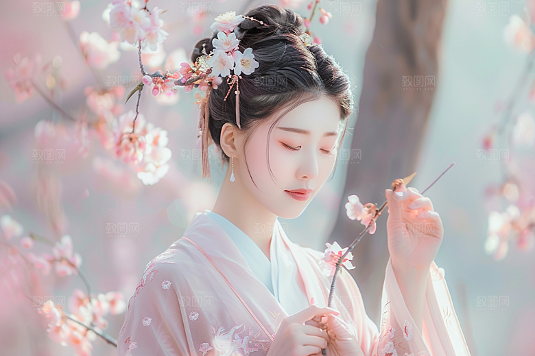 花卉汉服人物花丛唯美摄影图