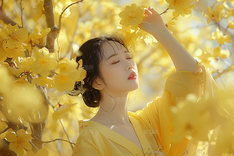 花卉汉服人物中国风园林摄影图