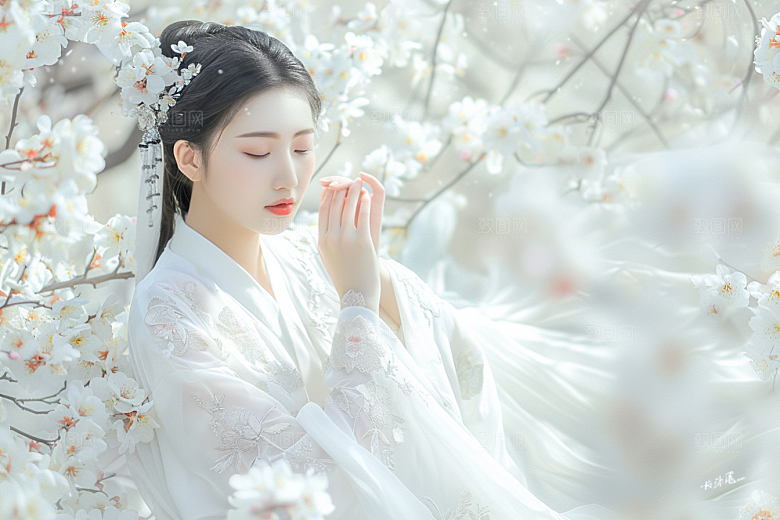 花卉汉服人物花丛园林摄影图