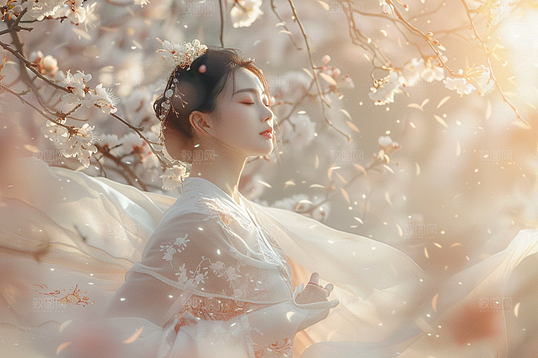 花卉汉服人物花丛人像摄影图