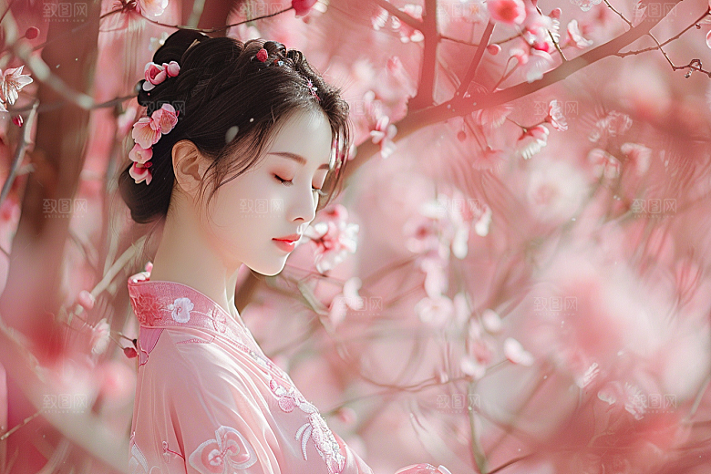 花卉汉服人物园林唯美摄影图