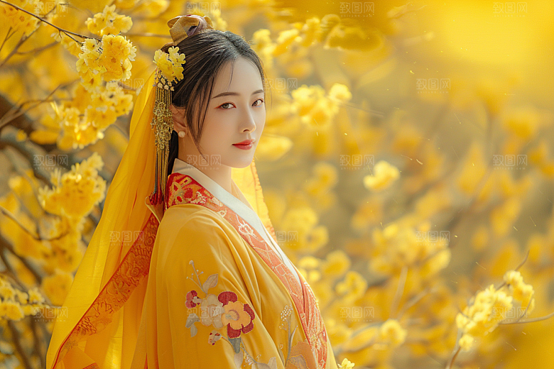 花卉汉服人物浪漫花丛摄影图