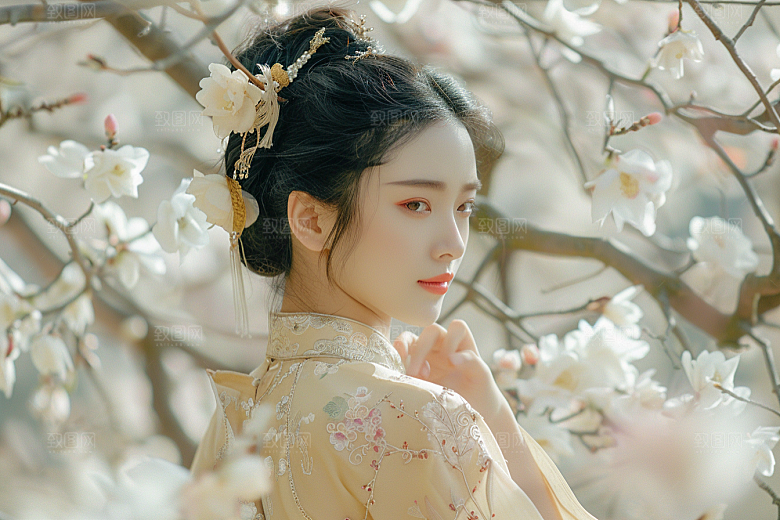 花卉汉服人物浪漫人像摄影图