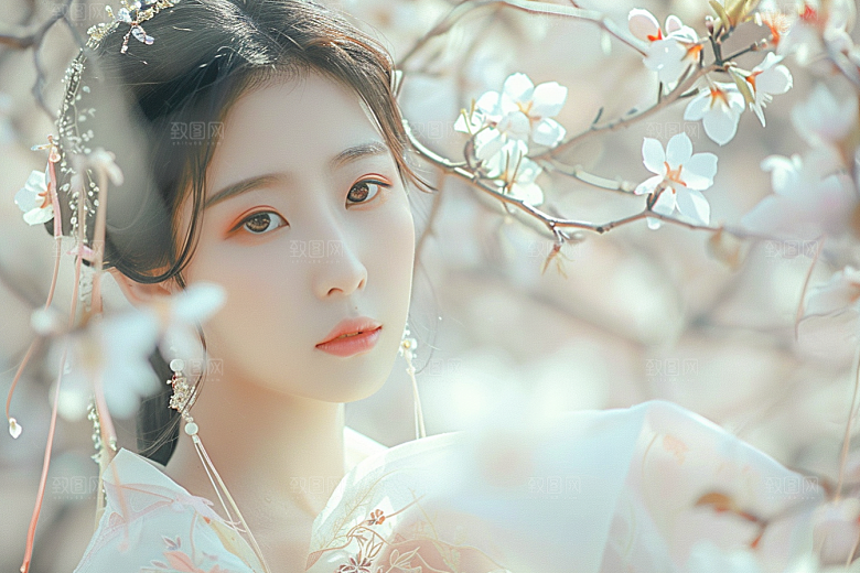 花卉汉服人物写真园林摄影图