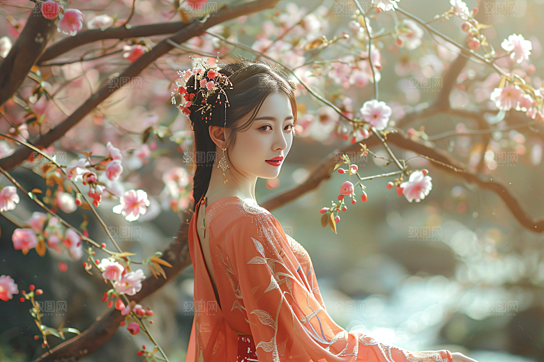 花卉汉服人物园林美景摄影图