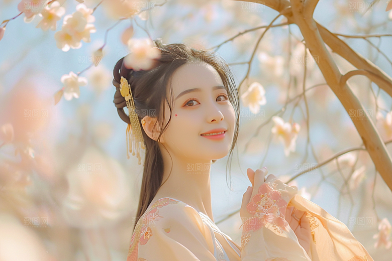 花卉汉服人物中式园林摄影图