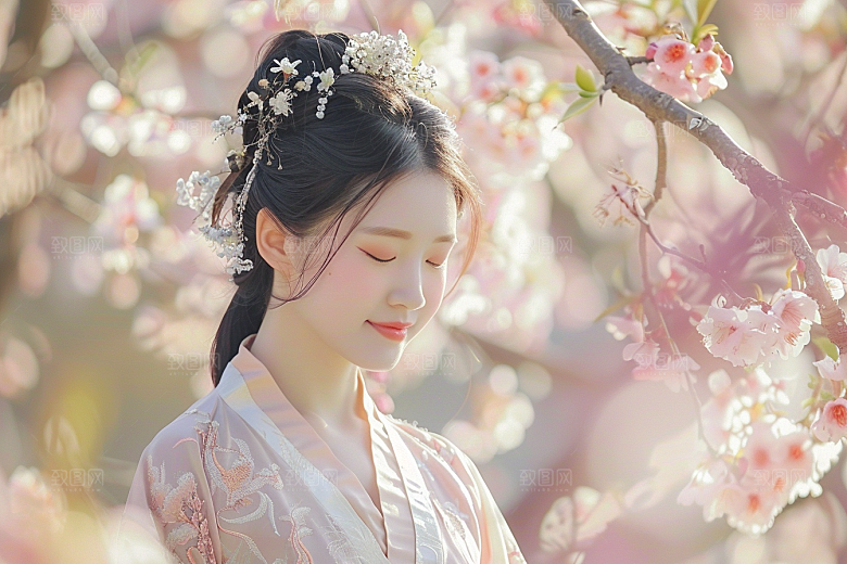 花卉汉服人物美女花丛摄影图