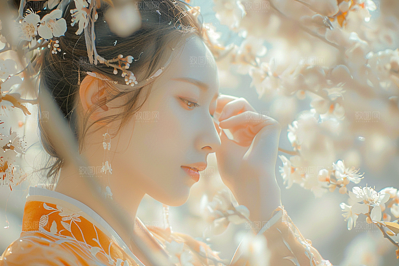 花卉汉服人物中式花丛摄影图