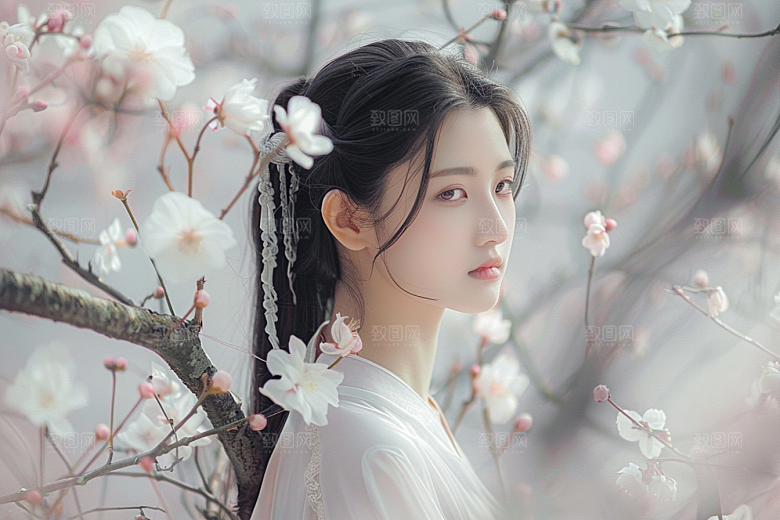 花卉汉服人物人像花丛摄影图