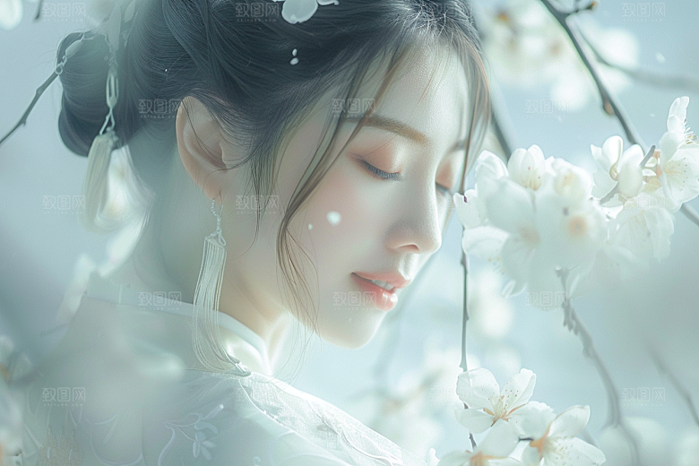 花卉汉服人物人像花丛摄影图