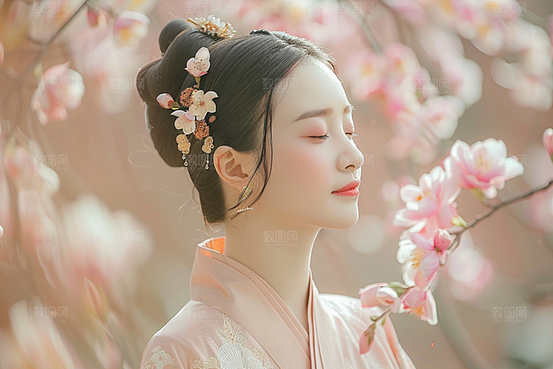 花卉汉服人物美景中式摄影图