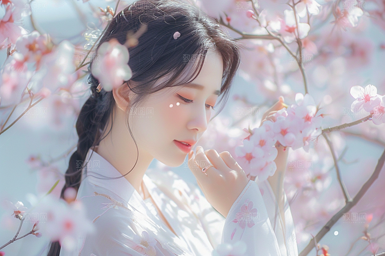 花卉汉服人物人像美景摄影图