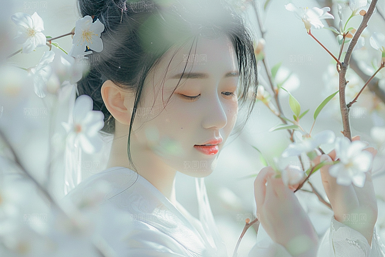 花卉汉服人物美女花丛摄影图