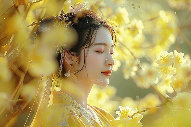花卉汉服人物花丛人像摄影图