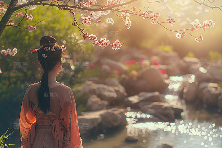 花卉汉服人物中国风园林摄影图