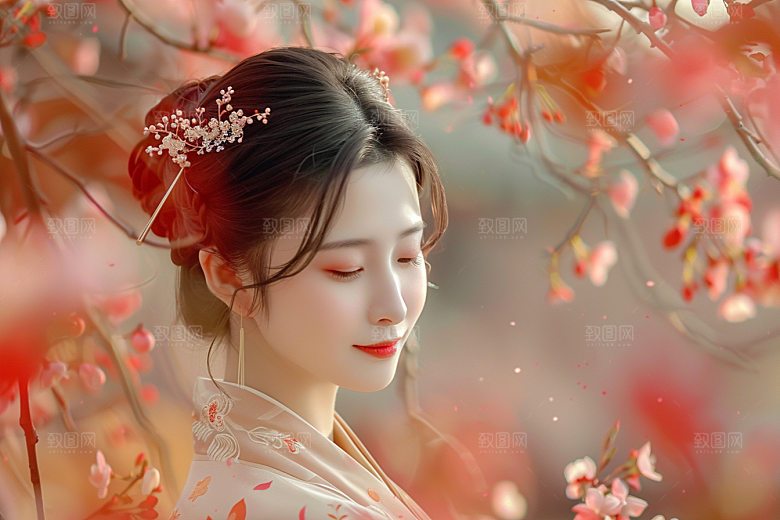 花卉汉服人物美女花丛摄影图