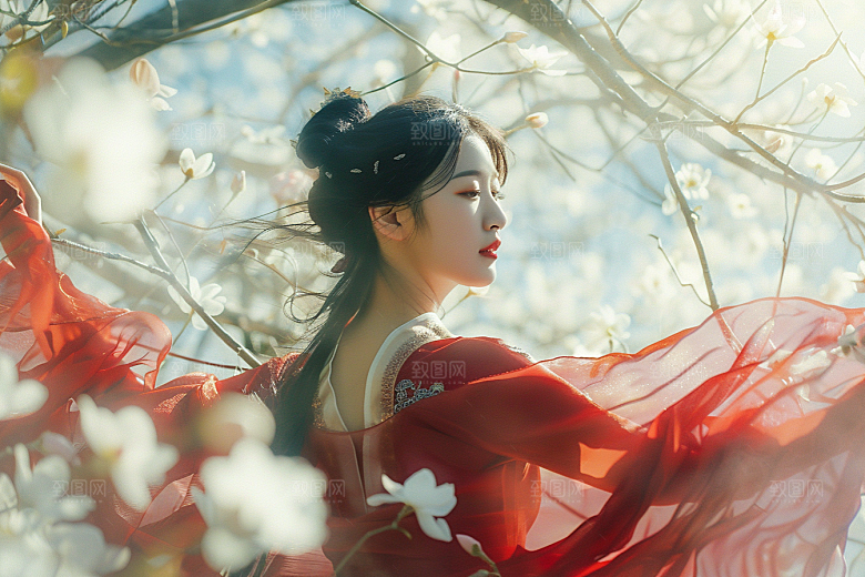 花卉汉服人物人像美景摄影图