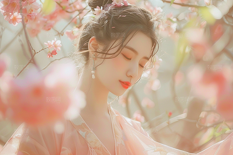 花卉汉服人物美景花丛摄影图