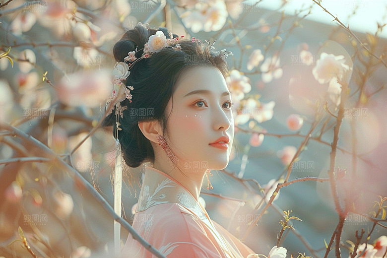 花卉汉服人物人像美景摄影图