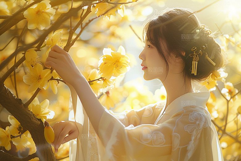 花卉汉服人物写真园林摄影图