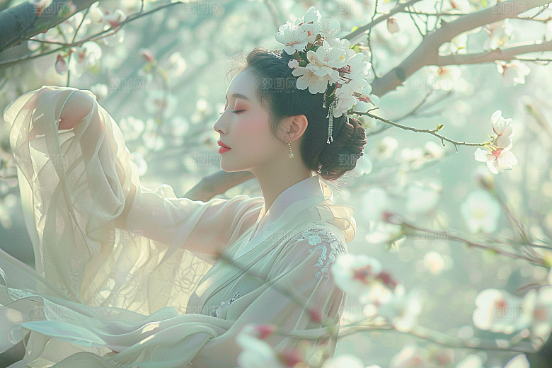 花卉汉服人物园林中式摄影图